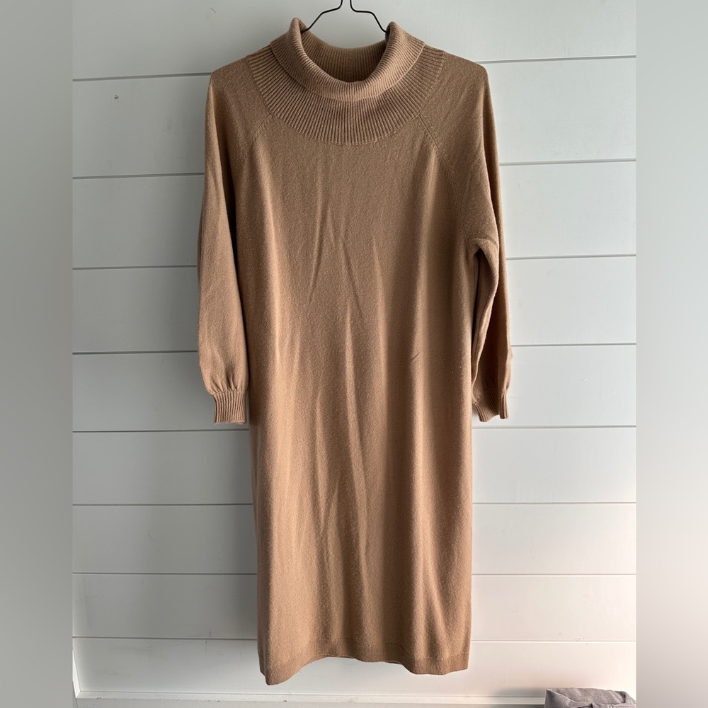 Women's Camel Knit Turtleneck Sweater Dress